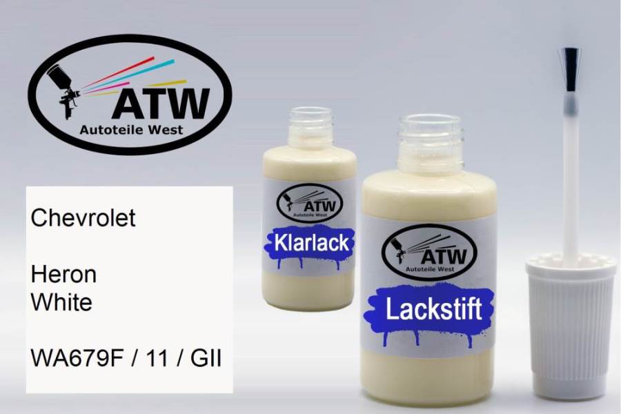Chevrolet, Heron White, WA679F / 11 / GII: 20ml Lackstift + 20ml Klarlack - Set, von ATW Autoteile West.